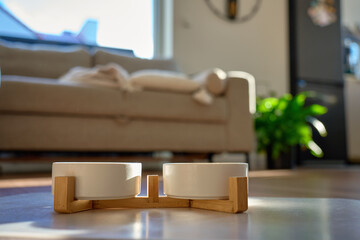 Dog food bowls on wooden stand placed on floor in living room with natural light. Concept of dog feeding, pet care and domestic animals