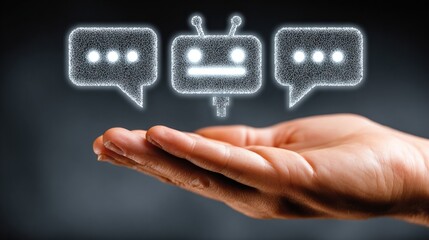 A hand with glowing chat icons and a robotic face above it