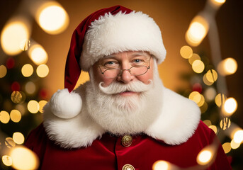 Santa Claus in Festive Setting with Christmas Lights