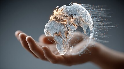 A glowing transparent globe of Earth, focused on Africa, floats above an outstretched hand against a dark background with lines of code