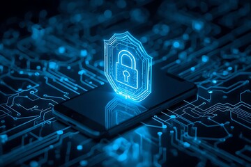 Generative AI Security Lock Icon Illuminated on Microchip Circuitry