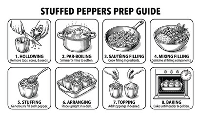 Stuffed Peppers Prep Guide Steps: Hollowing, Par-Boiling, Sauteing Filling, Mixing, Stuffing, Arranging, Topping, Baking