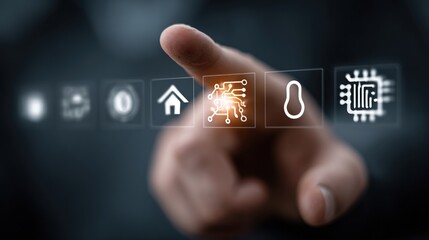 A hand with index finger pointing to a glowing robotic icon on a digital interface