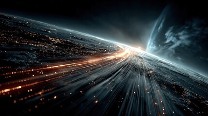 A view of the Earth from space with a bright light shining on the horizon, surrounded by starry night sky and illuminated city lights