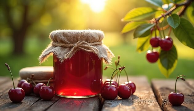 Glass jar filled with red cherry jam sits on rustic wooden table outside. Fresh ripe cherries scattered around, hang from tree branch nearby. Golden sunlight illuminates scene, suggesting warm summer