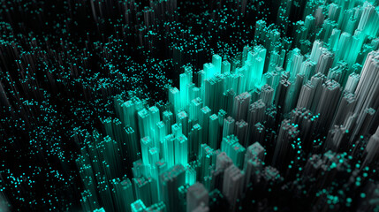 Abstract futuristic data visualization background featuring glowing cyan vertical columns forming a digital landscape or intricate big data analysis structure