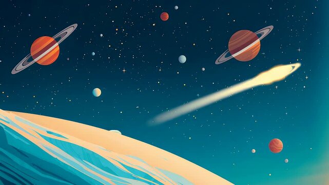 Stylized outer space illustration with planets comet stars and colorful cosmic background