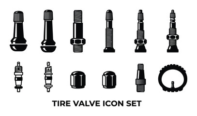 Tire valve icon set vector illustration for bicycle, car and vehicles black and white