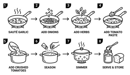 Tomato sauce recipe step by step guide line art. Cooking homemade tomato sauce process illustration