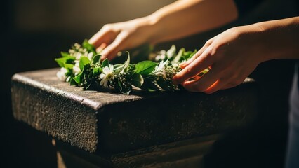 Hands carefully arranging a delicate floral wreath on a stone pedestal.