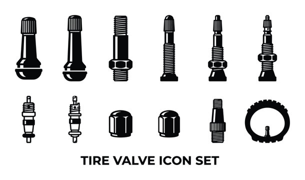 Tire valve icon set vector illustration for bicycle, car and vehicles black and white