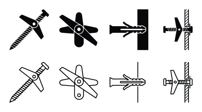 Toggle bolt icon set, wall anchor fastener symbols for drywall installation, screw and butterfly toggle. Toggle bolt line art