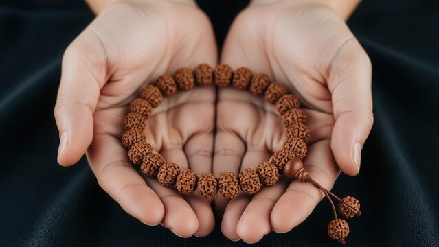 Close up of hands holding a prayer bead mala for meditation.