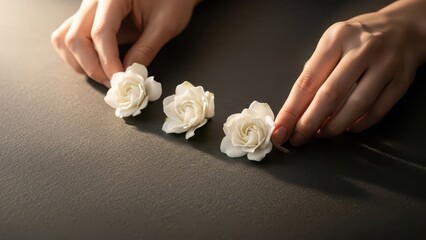 Close up of hands arranging three white rose blossoms on a dark surface.