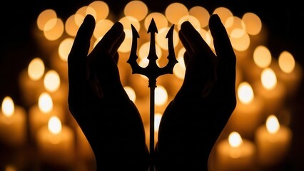 Silhouette of hands holding a trident against a backdrop of blurred candles.