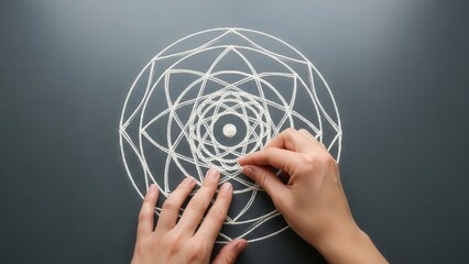Hands creating a geometric pattern with white rope on gray background.