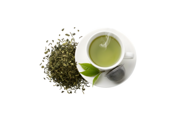 Aerial view of loose leaf Whole Green Tea along with a cup and saucer of brewed Whole Green Tea, all set against a white background with a clipping path.

