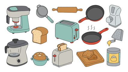 Collection of charming hand-drawn kitchen appliances and baking tools for culinary inspiration