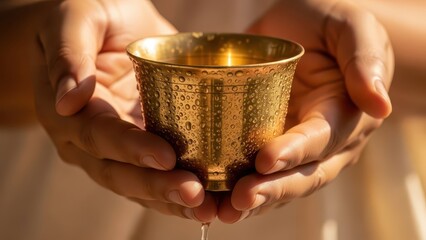 Close-up of hands holding a golden chalice with water droplets.