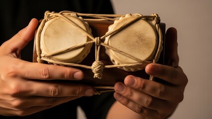 Close up of a person holding a small traditional African drum.