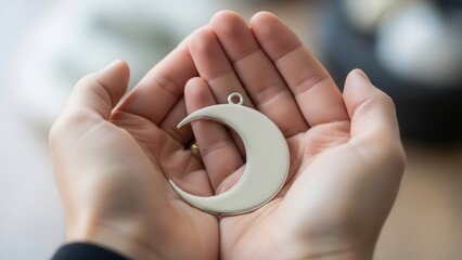 Hands holding a crescent moon pendant, symbolizing spirituality and connection to lunar cycles.