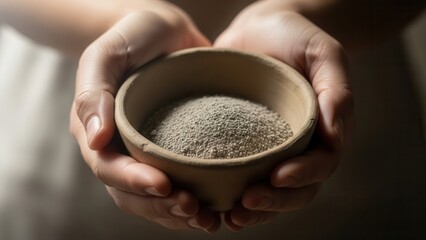 Close-up of hands holding a bowl filled with sand.