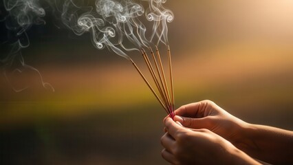 Close up of hands holding incense sticks with smoke rising.
