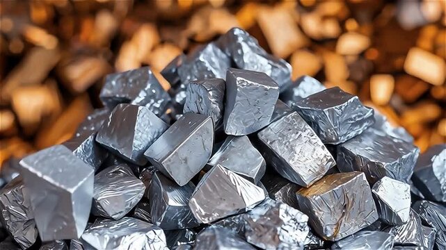 Metal ingot pile and shiny silver industrial heap with reflective surfaces stacked together, displaying metallic texture and warm background glow