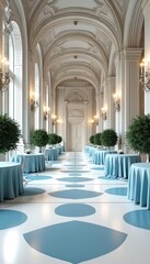 Fototapeta premium Elegant white and blue banquet hall with round tables set for event. Arched doorways, ornate columns, and patterned floor create a grand atmosphere for celebrations.