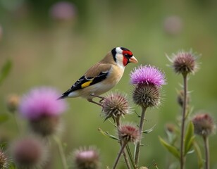 Fototapeta premium European goldfinch bird perched on purple thistle bloom. Small passerine searches for seeds in a wild meadow during summer. Colorful avian animal feeds among wildflowers.