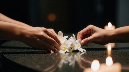 Close-up of hands arranging white orchids with candles for a serene ambiance.