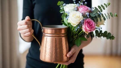 Woman holding a copper pitcher with a bouquet of roses and eucalyptus.