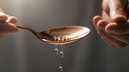 A teaspoon of water held by a person with water droplets falling.