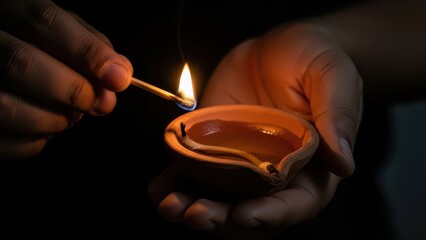 Close-up of hands lighting a traditional oil lamp with a matchstick in the dark.