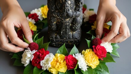 Hands arranging a flower garland around a Ganesha statue for a Hindu celebration.