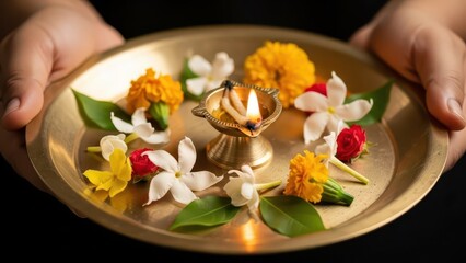 Hands holding a brass plate with flowers and a diya for Hindu puja.
