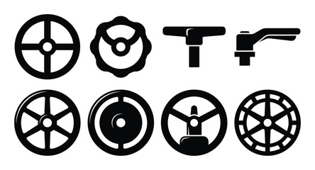 Various Black Valves, Handles and Controls Vector Set Isolated