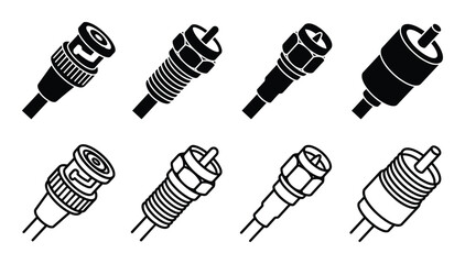 Vector Illustration of Black and White Coaxial Connectors: BNC, RCA, F-Type, and Coaxial Cable Connectors