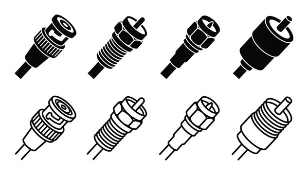 Vector Illustration of Black and White Coaxial Connectors: BNC, RCA, F-Type, and Coaxial Cable Connectors