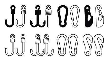 Vector illustration of fishing hooks and carabiners in black and white outline