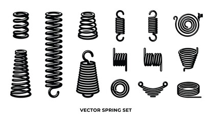 Vector Spring Set, Collection of Metal Springs in Different Shapes and Sizes Isolated on White Background