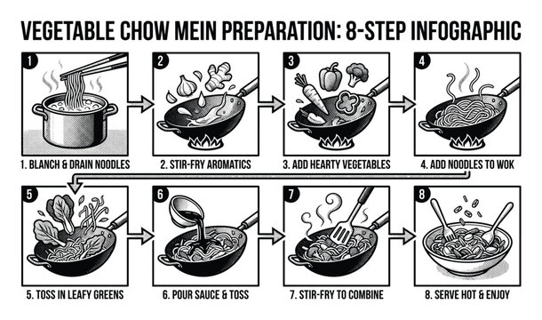 Vegetable Chow Mein Preparation: 8-Step Black and White Infographic