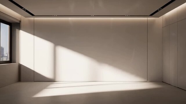 Dynamic sunlight streams into a modern minimalist room, casting intricate light and shadow patterns. Ideal for architectural backgrounds.