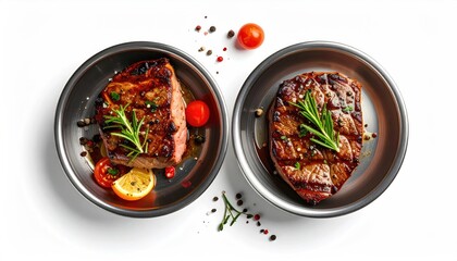 Two perfectly grilled steaks in metal bowls with garnish