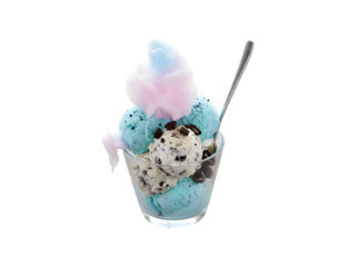 An overhead shot of a cup containing scoops of cotton candy and cookie cream ice cream

