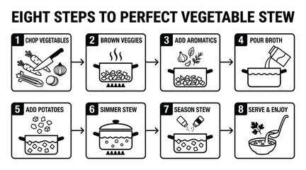 Vegetable stew steps illustration, recipe infographic guide for preparing delicious homemade stew