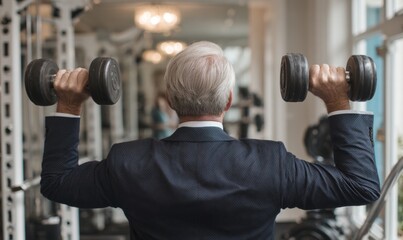 Senior Professional in Suit Training with Weights in Modern Gym Setting