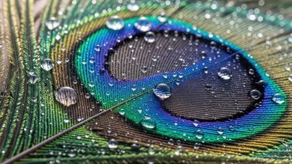 Close-up of a peacock feather with water droplets, showcasing vibrant colors and intricate details.