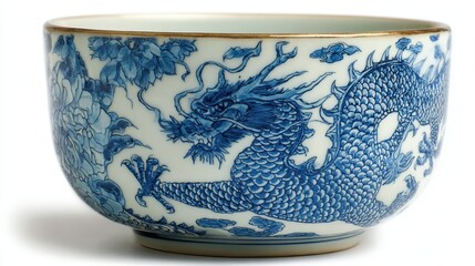 Traditional Chinese porcelain tea cup with blue dragon motif and floral elements on white background