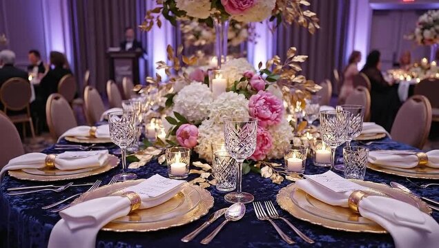 Elegant Wedding Reception Table Setting with Floral Centerpiece.